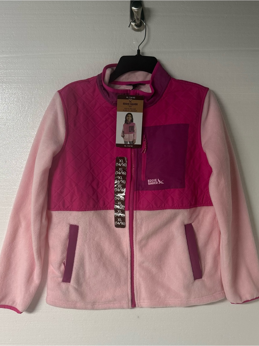 Eddie Bauer Jacket Girl XL 14/16 Two Tone Pink Quilt Fleece Full Zip Mock Neck